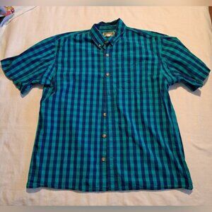 Duluth Trading Co men's size Large blue and dark teal check short sleeve shirt